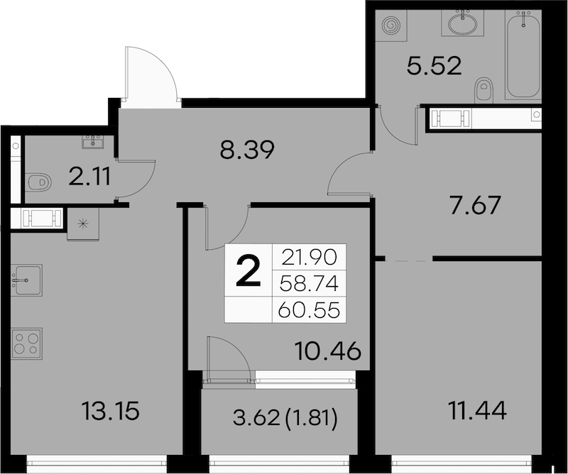 2-комнатная квартира 60.55 м², 7/7 эт., ЖК «GloraX Aura Vasileostrovsky»
